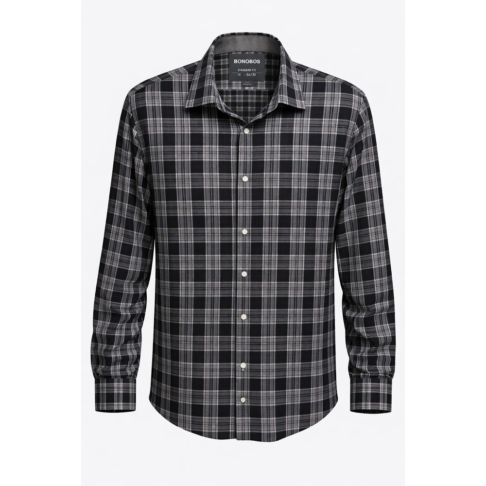 BONOBOS Shirt Mens L Black Plaid Button Up Long Sleeve Standard Fit Casual